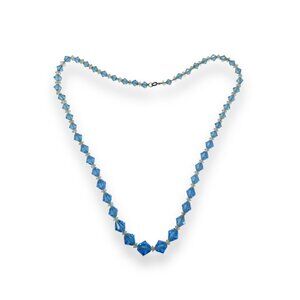Vintage Blue & Clear Crystal Beaded Necklace With Sterling Silver Spring Ring Cl